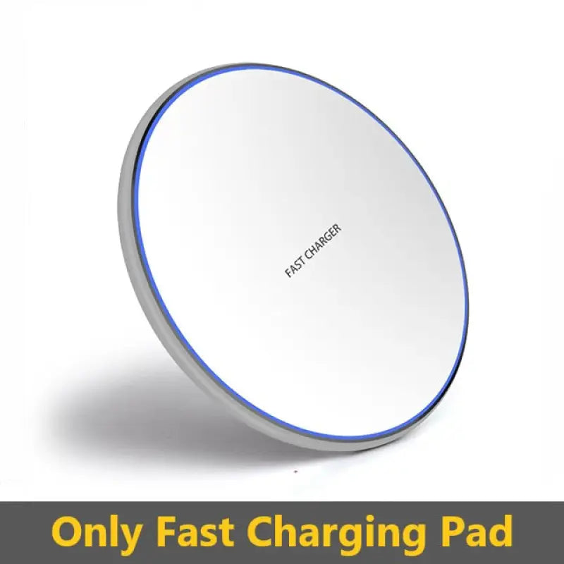 a white and blue wireless charger with the words only fast charging pad