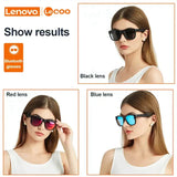 a close up of a woman wearing sunglasses with different colors