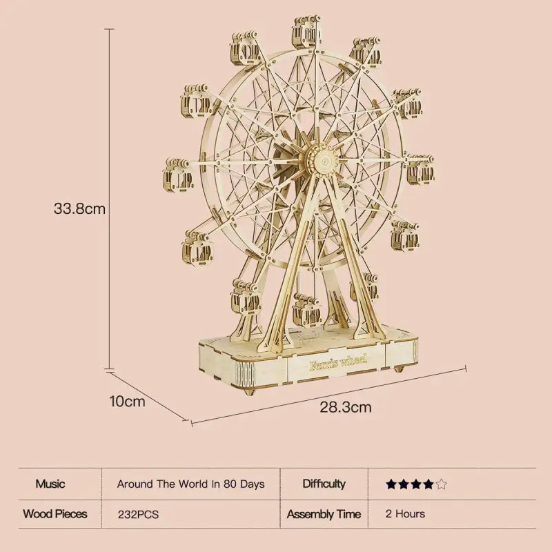 the ferris clock is a wooden model with a metal stand and a wooden base