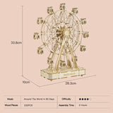 the ferris clock is a wooden model with a metal stand and a wooden base