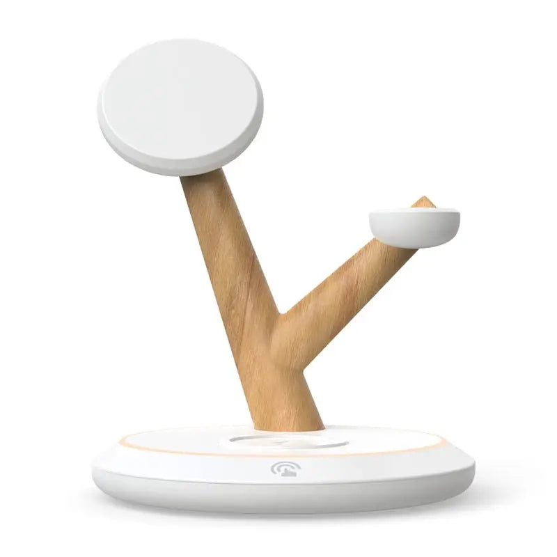 the wooden toy is made from wood and has a white base