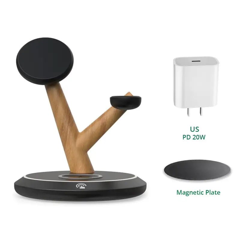 the magnetic phone stand is made from wood and has a magnetic base