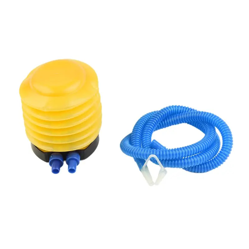 a close up of a yellow and blue air pump and a coiled hose