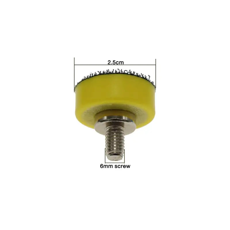 a close up of a screw with a yellow wheel on a white background