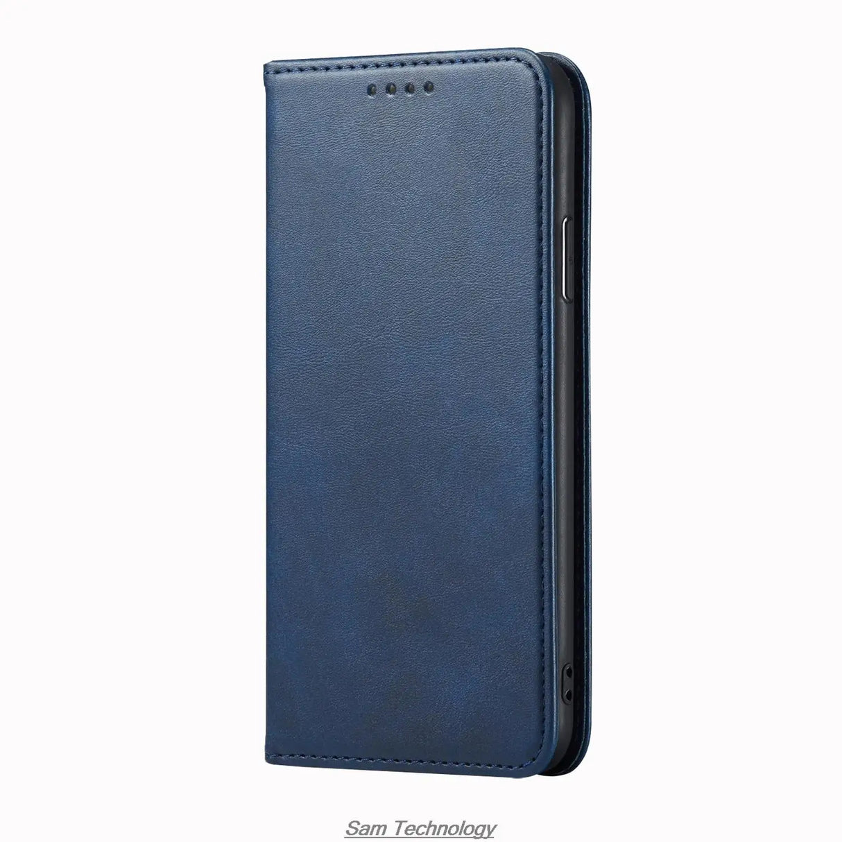A closed navy blue textured leatherette flip phone case with precise cutouts for buttons and speakers.