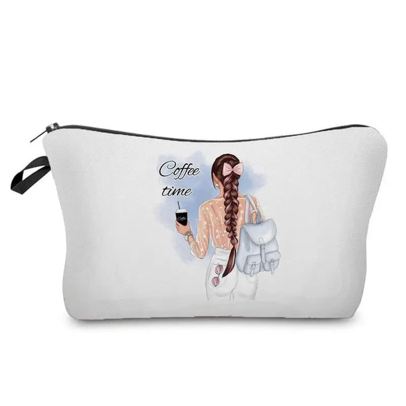 a white cosmetic bag with a woman holding a cup