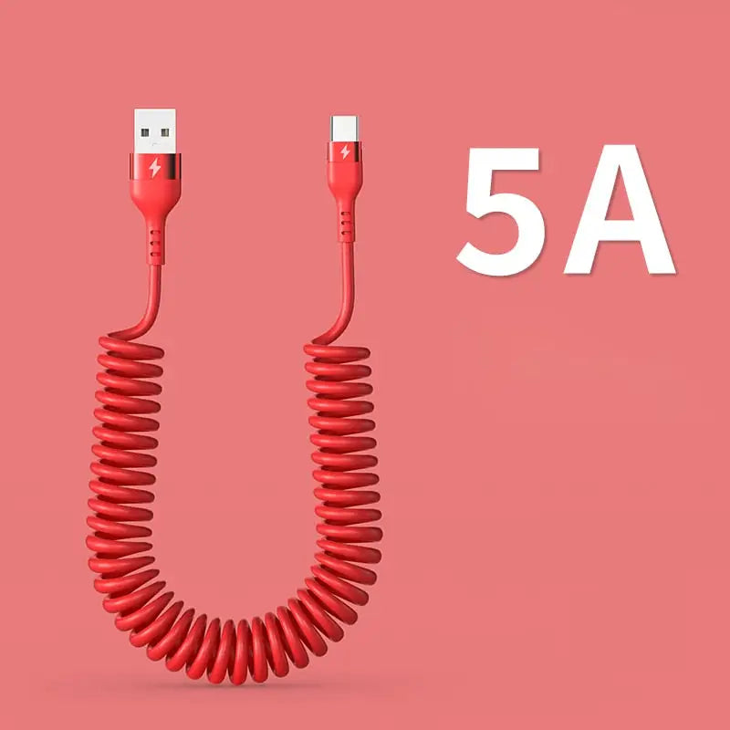 a red coiled cable connected to a white cable