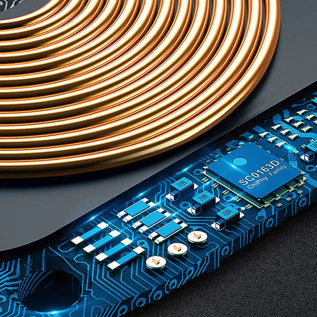 Coiled copper wire positioned above a blue circuit board with electronic components.