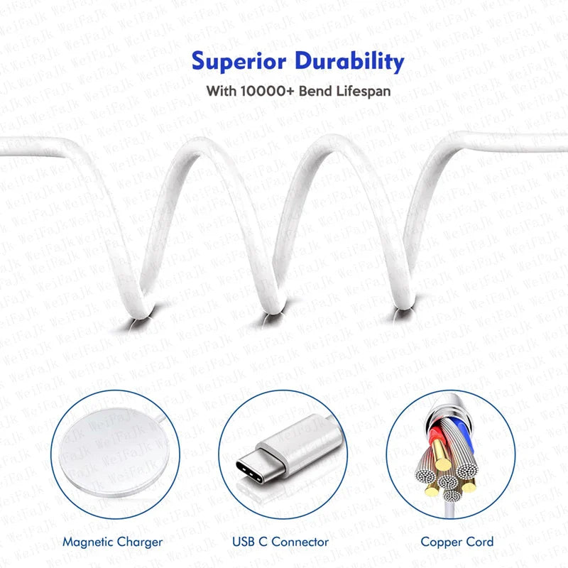 Coiled white charging cable with USB-C connector and magnetic charger attachment.