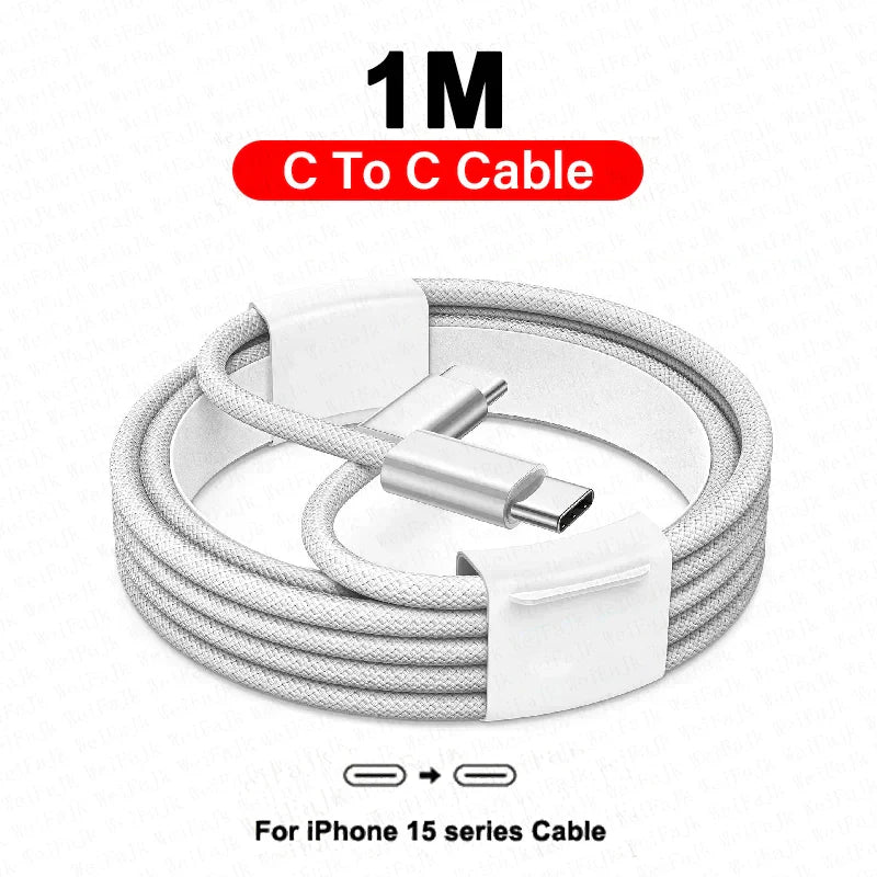 Coiled white USB-C to USB-C cable measuring 1 meter in length.