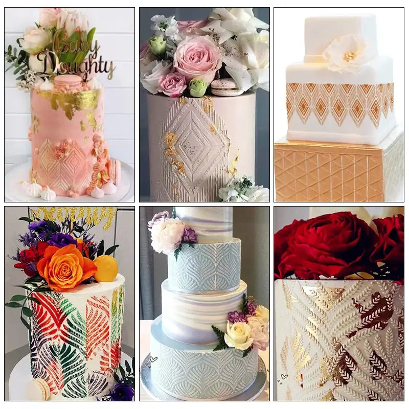 a col of different cakes with flowers and leaves