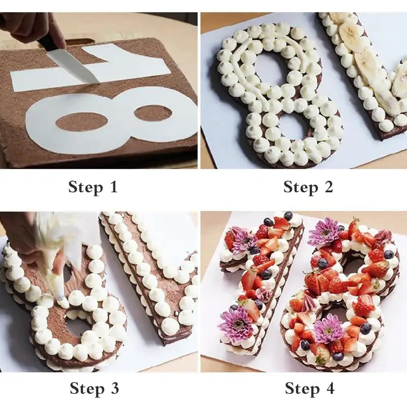 a col of four photos showing how to make a chocolate covered number