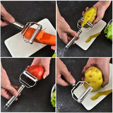 a col of four photos showing how to peel a potato