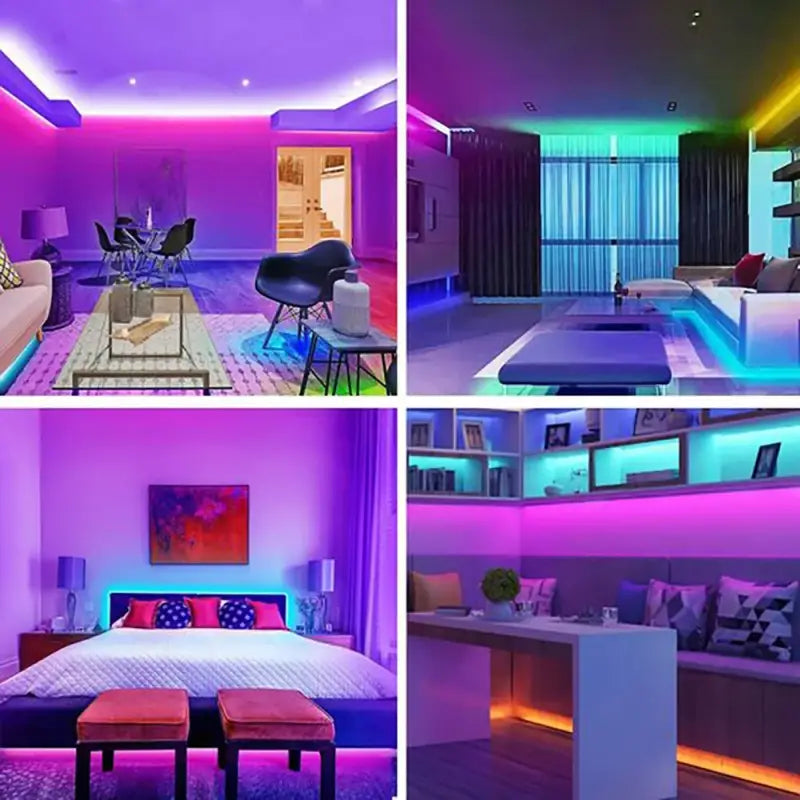 a col of four pictures of a living room with purple lighting