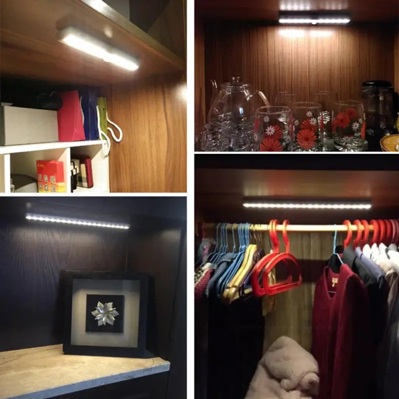 a col of photos of a closet with clothes and other items