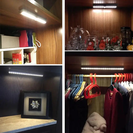 A col of photos of a closet with clothes and other items