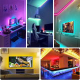 a col of photos of a home office with various lighting