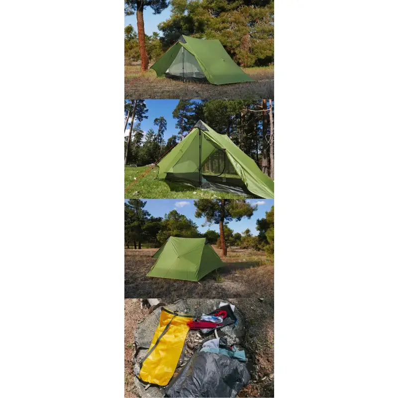 a col of a tent and a sleeping bag