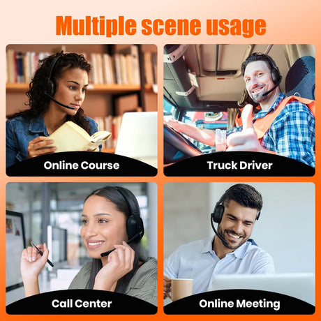 Collage of four images showing different people using headsets in various work settings.