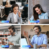 Collage of four images showing people wearing headsets in different work settings.