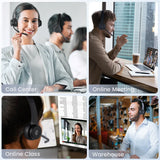 Collage of four images showing different work scenarios involving communication technology.