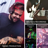 Collage of music production and recording images featuring a person wearing headphones, musical instruments, and audio equipment.