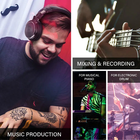 Collage of music production and recording images featuring a person wearing headphones, musical instruments, and audio equipment.