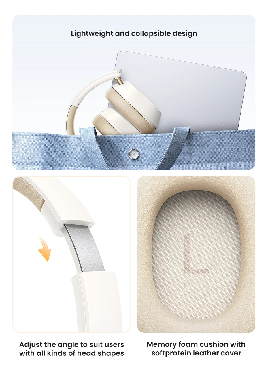 Collapsible over-ear headphones with a lightweight design and memory foam cushions.