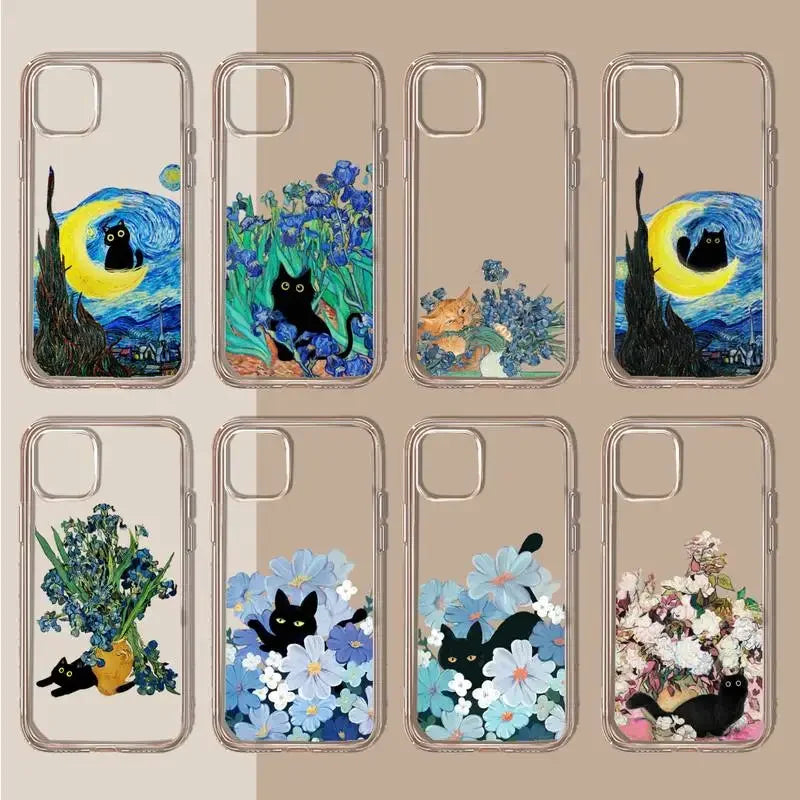 Collection of artistic phone cases featuring black cats in various floral and nature-inspired designs.