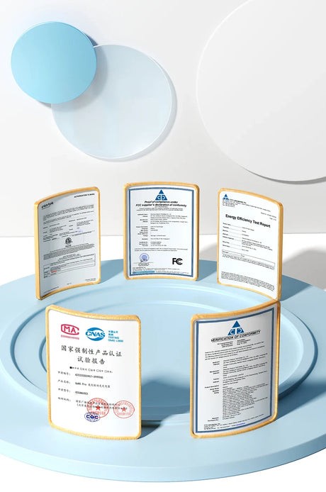 Collection of certification documents or certificates displayed on a circular platform.