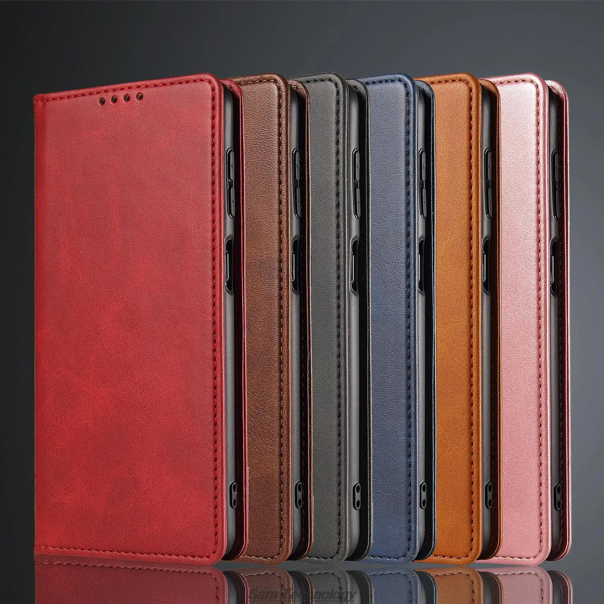 A collection of colorful leather flip phone cases.