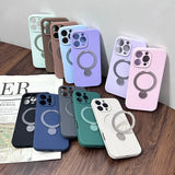 A collection of colorful phone cases with integrated magnetic rings.