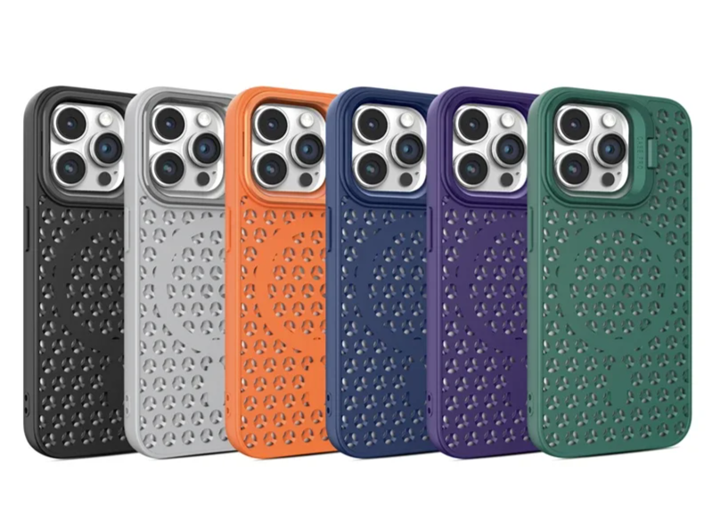 Collection of colorful protective phone cases for iPhones with a perforated design.