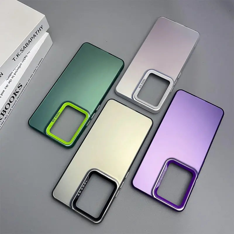 Collection of colorful smartphone cases with prominent camera cutouts.