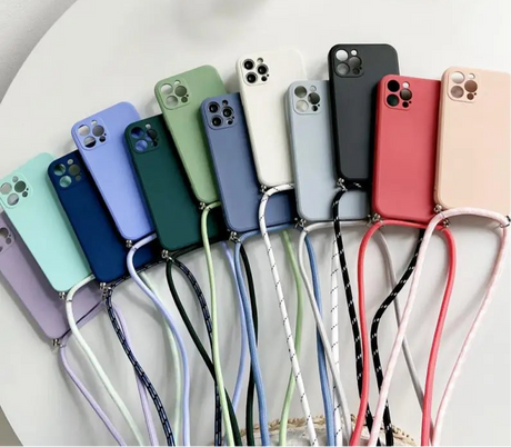 Collection of colorful smartphone cases with attached lanyards.