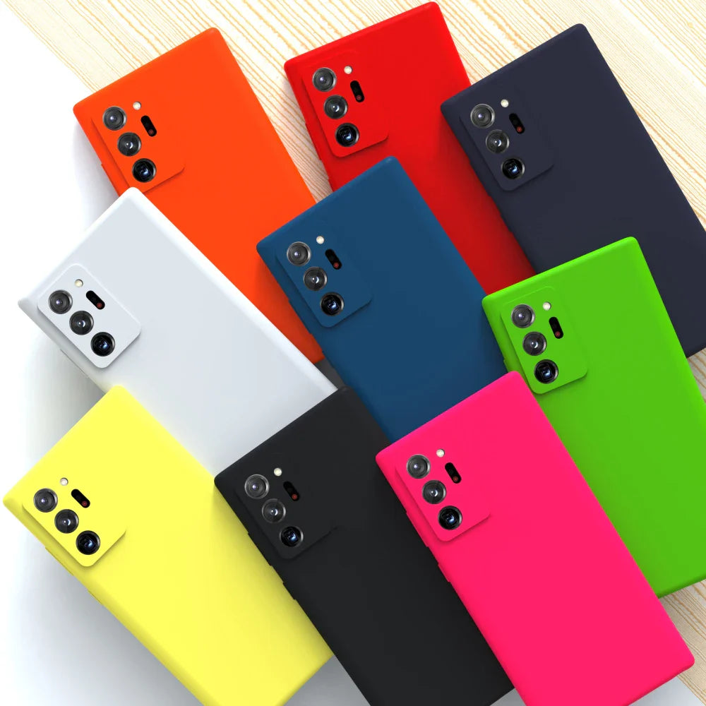 Collection of colorful smartphone cases with multiple camera cutouts.