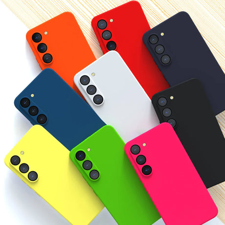 Collection of colorful smartphone cases with multiple camera cutouts.