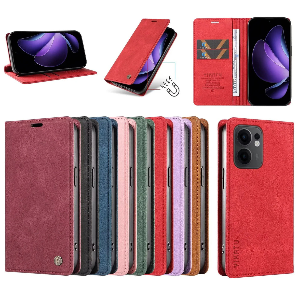 A collection of colorful wallet-style phone cases, some featuring magnetic closures and kickstand functionality.