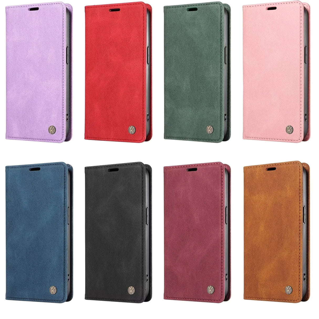 Collection of eight faux leather flip phone cases in various colors.