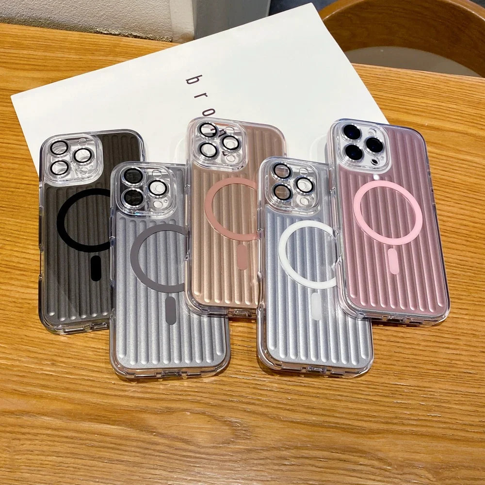 A collection of five clear iPhone cases with ribbed backs and MagSafe rings in various colors.