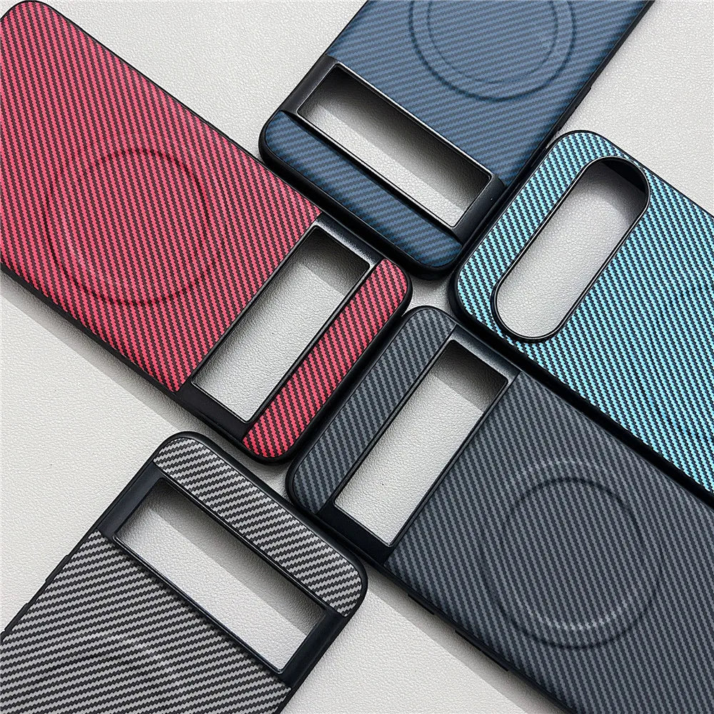 A collection of five phone cases with carbon fiber texture in various colors, featuring camera cutouts and circular magnetic charging rings.