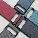 A collection of five phone cases with carbon fiber texture in various colors, featuring camera cutouts and circular magnetic charging rings.