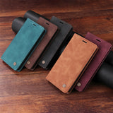 Collection of leather smartphone wallet cases in various colors.