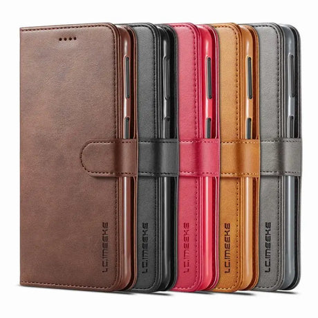 Collection of leather wallet-style smartphone cases in various colors.