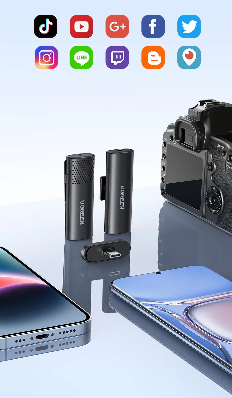 Collection of modern electronic devices including smartphones, a camera, and wireless earbuds.