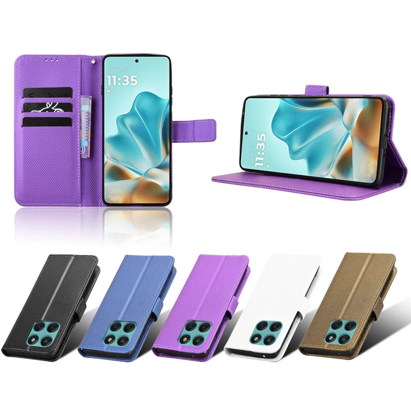 A collection of multi-colored smartphone flip cases with card slots and kickstand functionality.