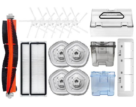 Collection of replacement parts and accessories for a robotic vacuum cleaner.