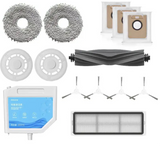 Collection of replacement parts and accessories for a robotic vacuum cleaner.