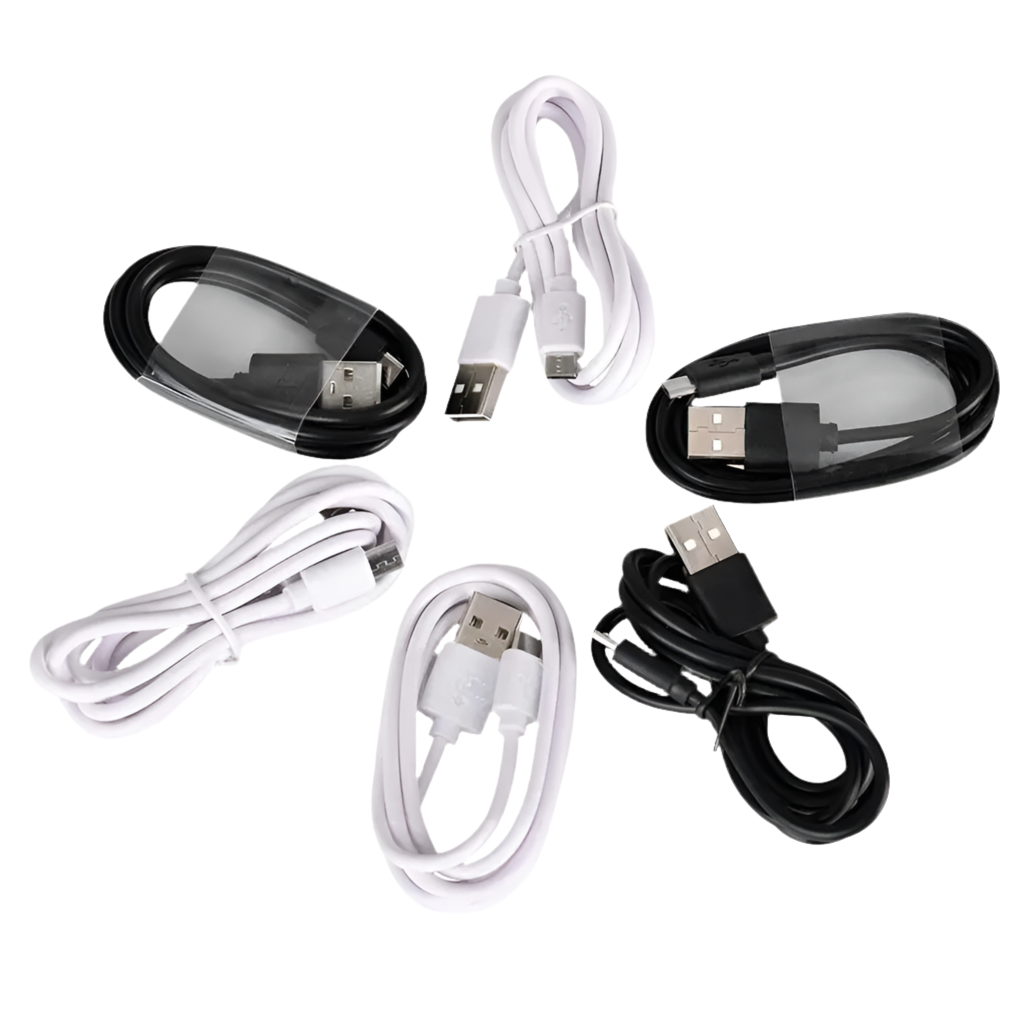 Collection of USB charging cables in black and white colors.