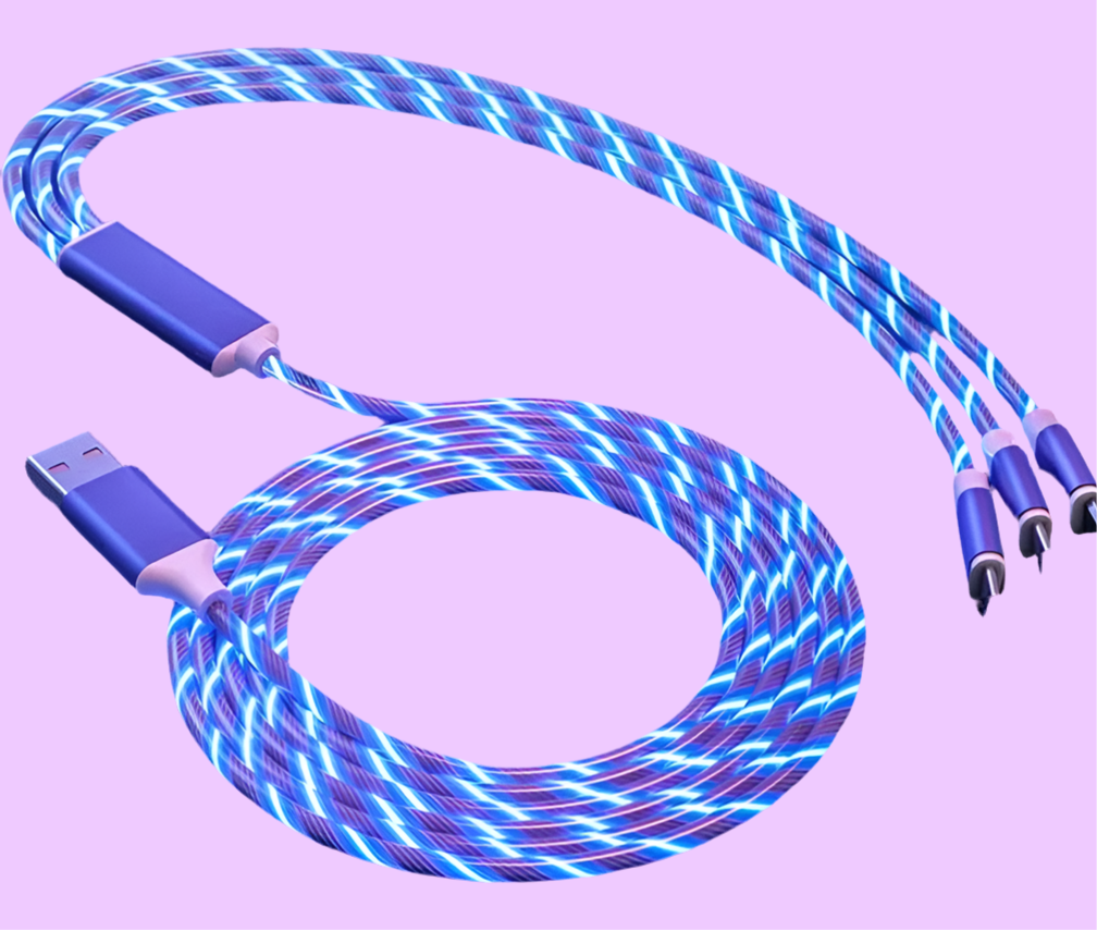 Colorful braided charging cable with blue and purple tones.